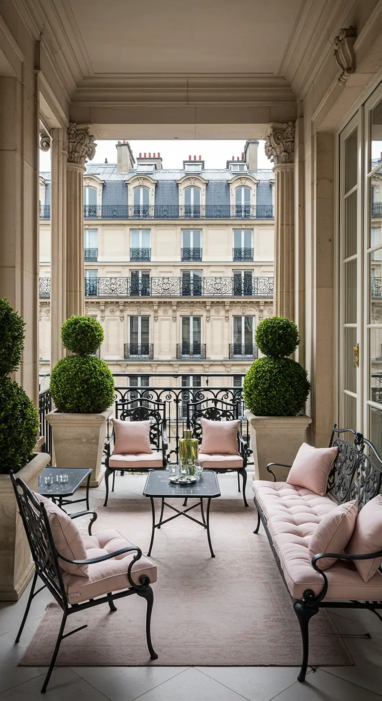 Ruim balkon met zwarte smeedijzeren loungeset, roze kussens en symmetrisch geplaatste planten.