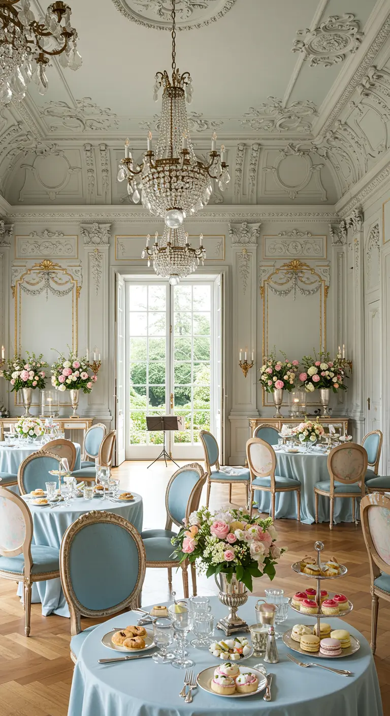 Lichte feestzaal met ronde tafels, blauwe kleden, kroonluchters en bloemen.