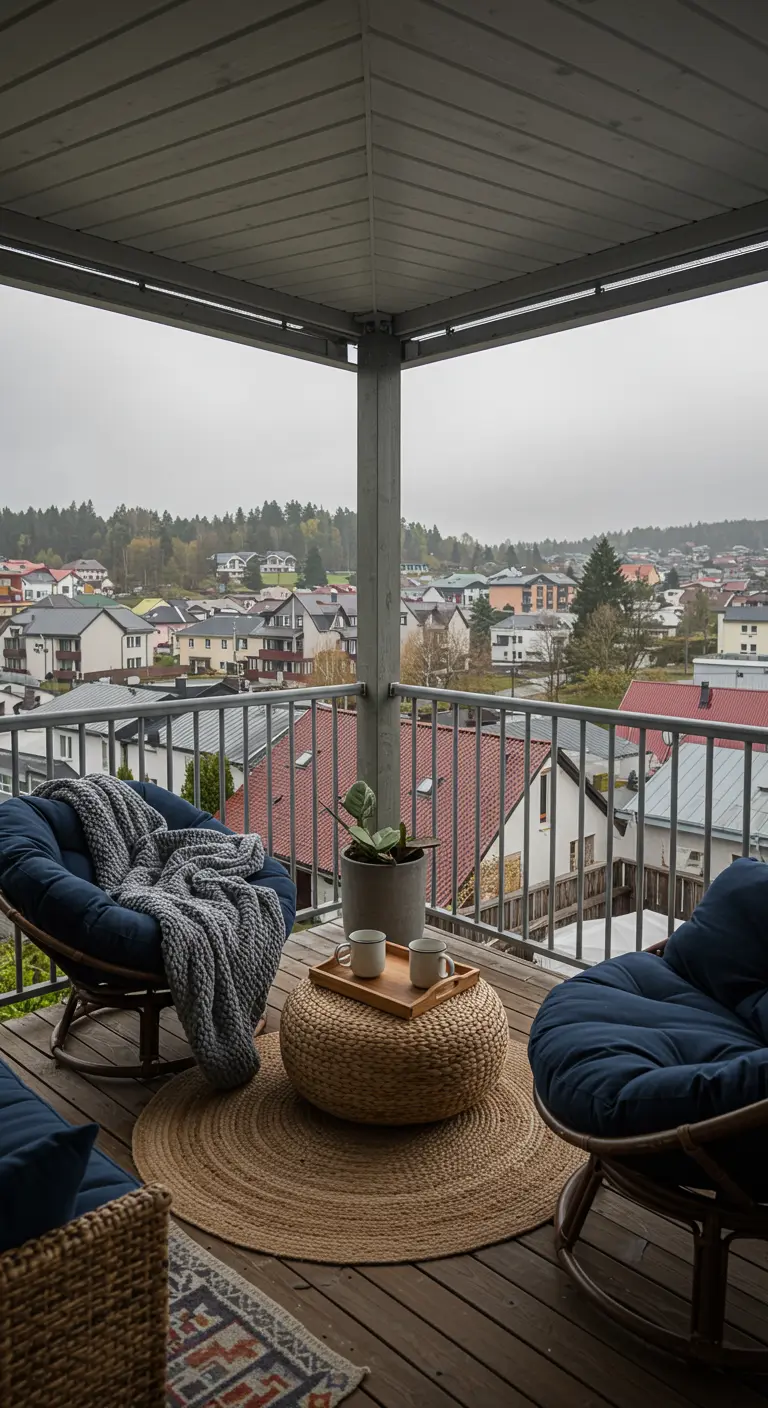Overdekt balkon met twee diepe, ronde stoelen, een jute poef en uitzicht over een dorp.