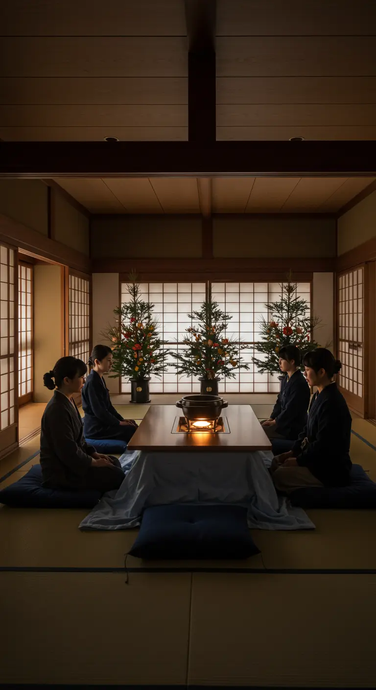 Mensen zitten rond een lage Japanse tafel (kotatsu) in een traditionele kamer.