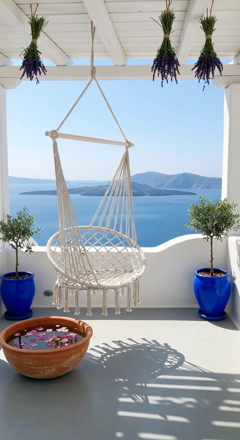 Witte macramé hangstoel op balkon met uitzicht op zee, geflankeerd door blauwe potten.