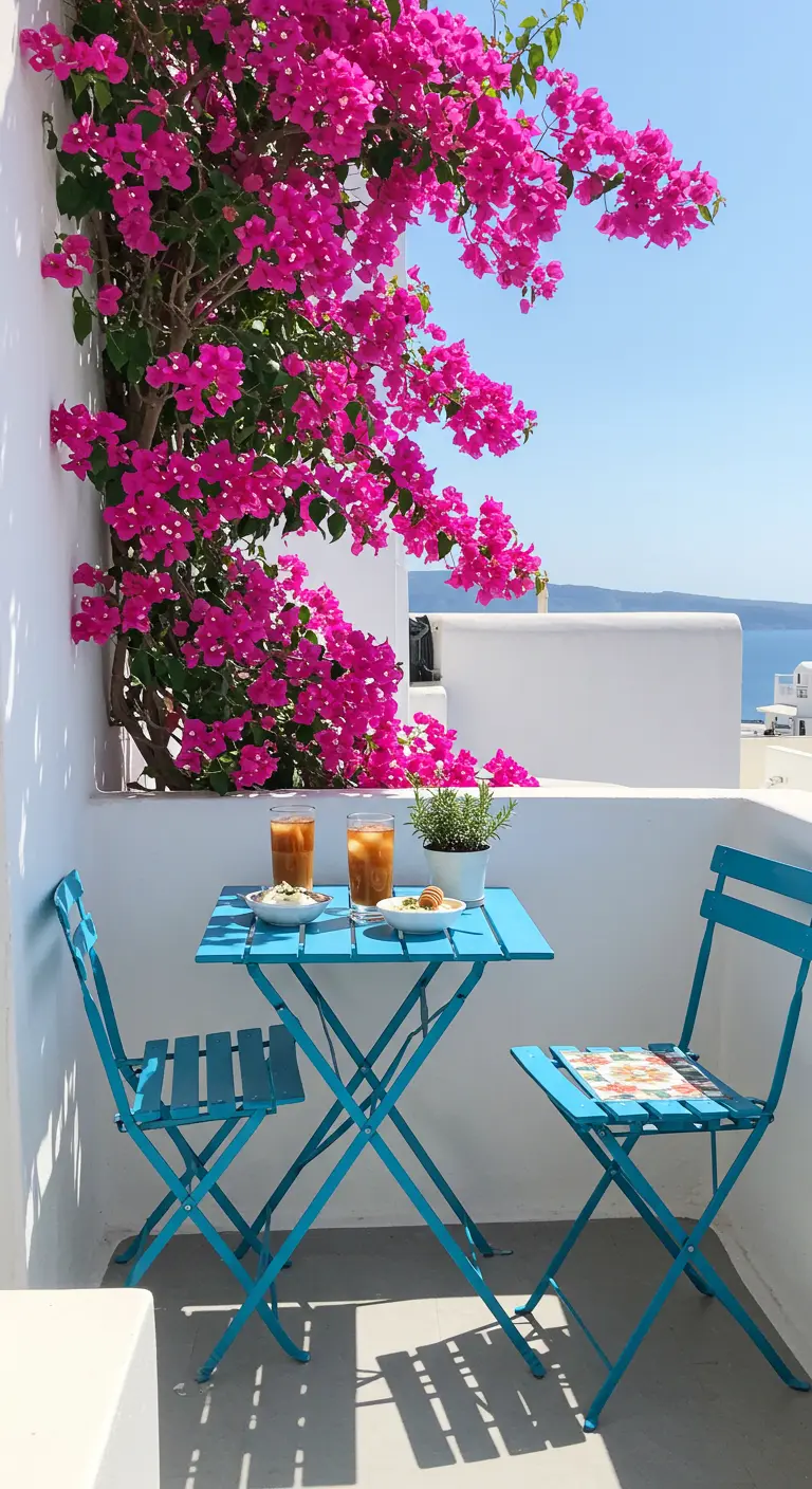 Zonnig balkon met een felblauwe bistroset, witte muren en een fuchsia bougainvillea.