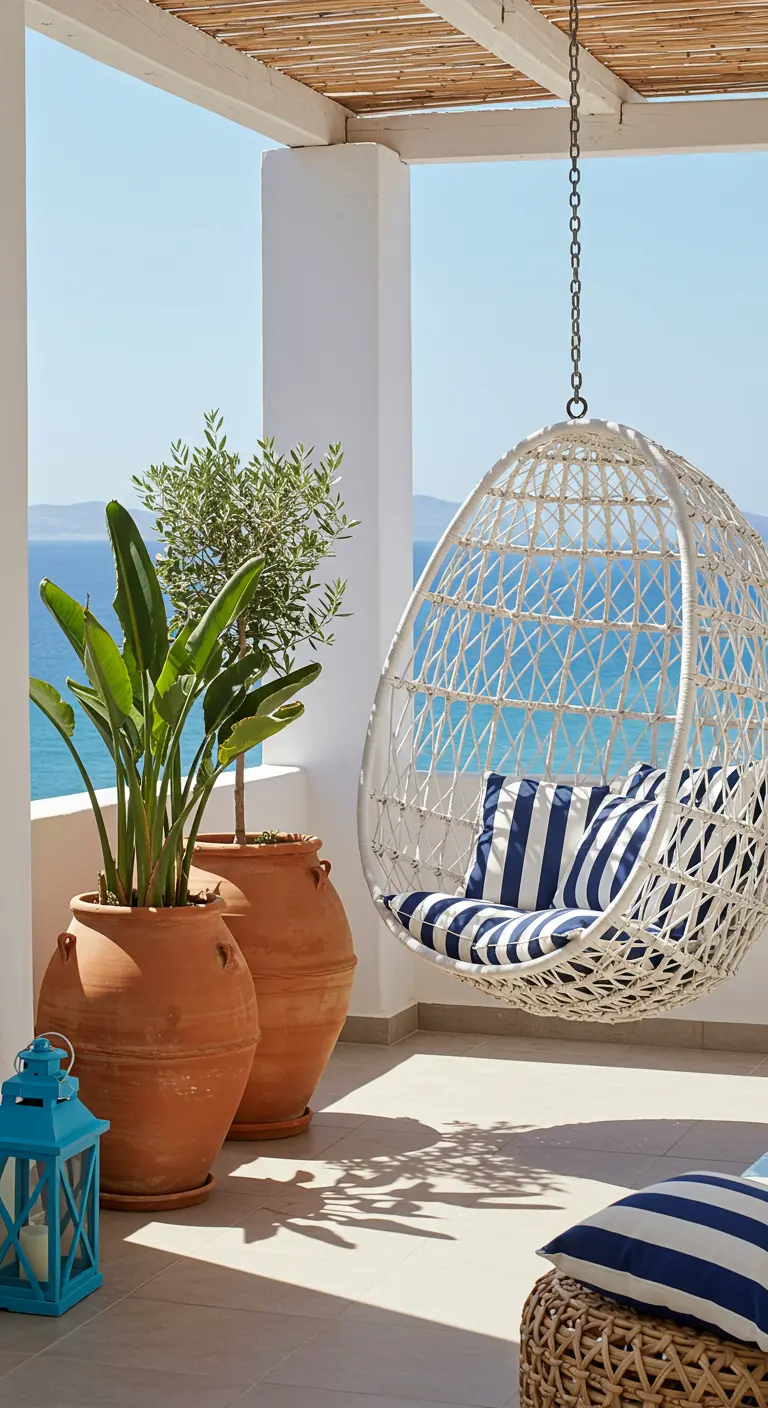 Witte rotan hangstoel met blauw-wit gestreepte kussens op een zonnig balkon met zeezicht.