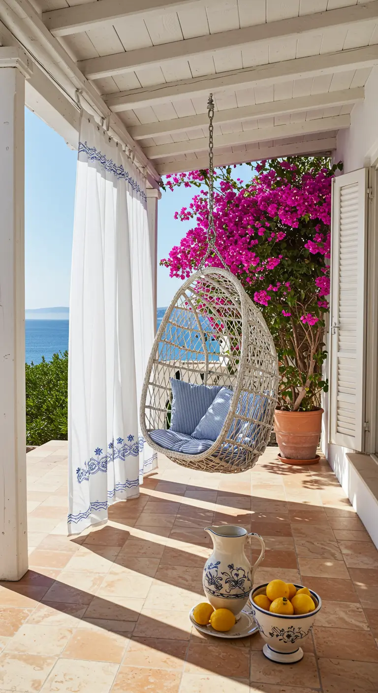 Rotan hangstoel op een wit terras met uitzicht op zee, met een roze bougainvillea.
