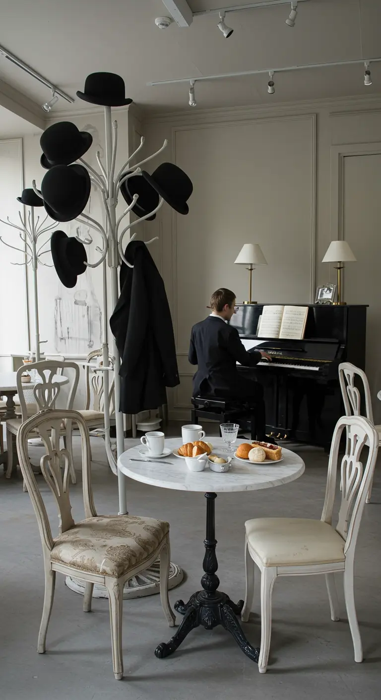 Setting van een Parijs café met een pianist, marmeren tafels en een kapstok met hoeden.