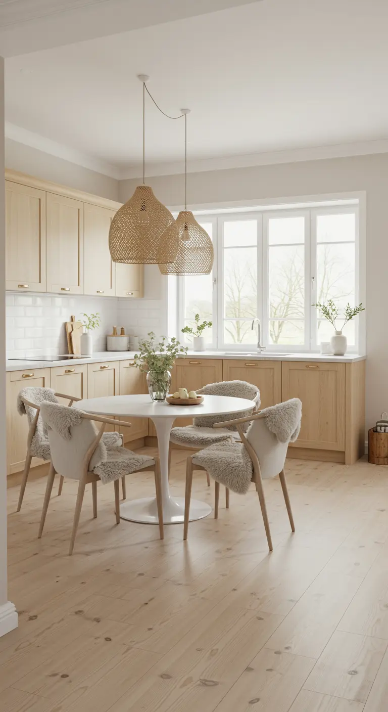 Lichte Scandinavische keuken met ronde houten eettafel, rieten lampen en pluizige stoelen.