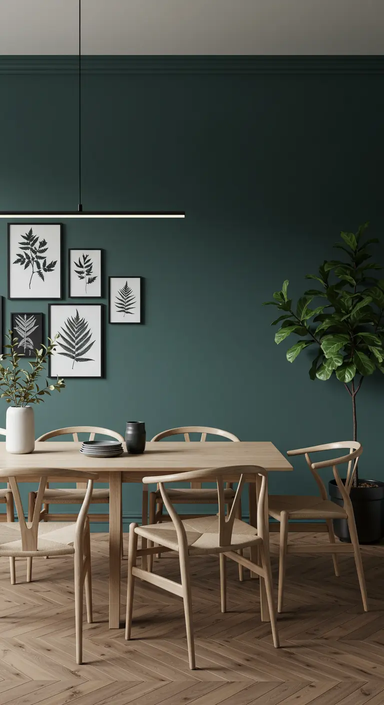 Eetkamer met donkergroene muur, lichte houten meubels en botanische kunst aan de wand.