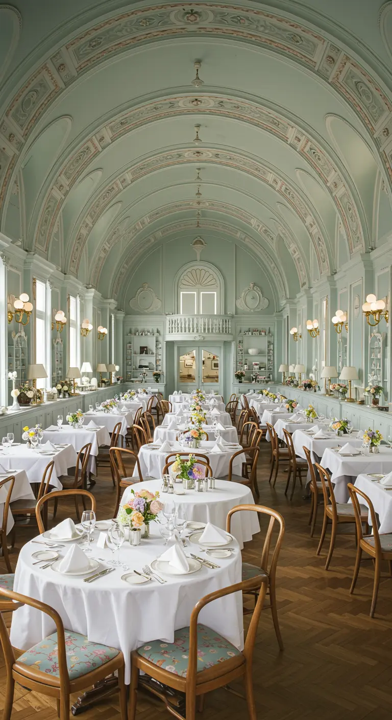 Lichte zaal met ronde witte tafels, houten stoelen en kleine pastel bloemstukken.