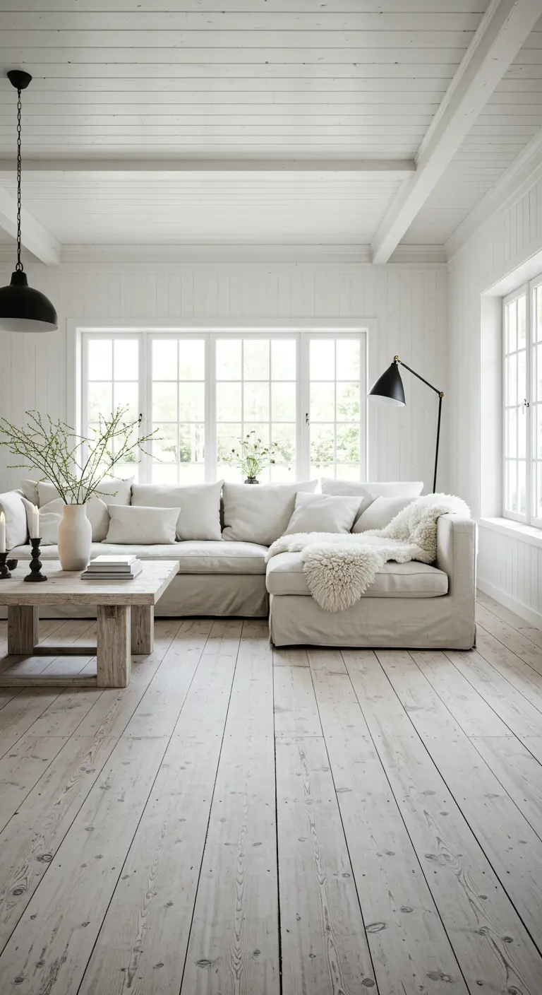 Scandinavische woonkamer met witte houten vloer, witte hoekbank en schapenvacht