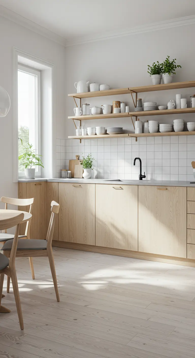 Lichte keuken met houten kasten, open planken met wit servies en een subtiel grijs aanrecht.