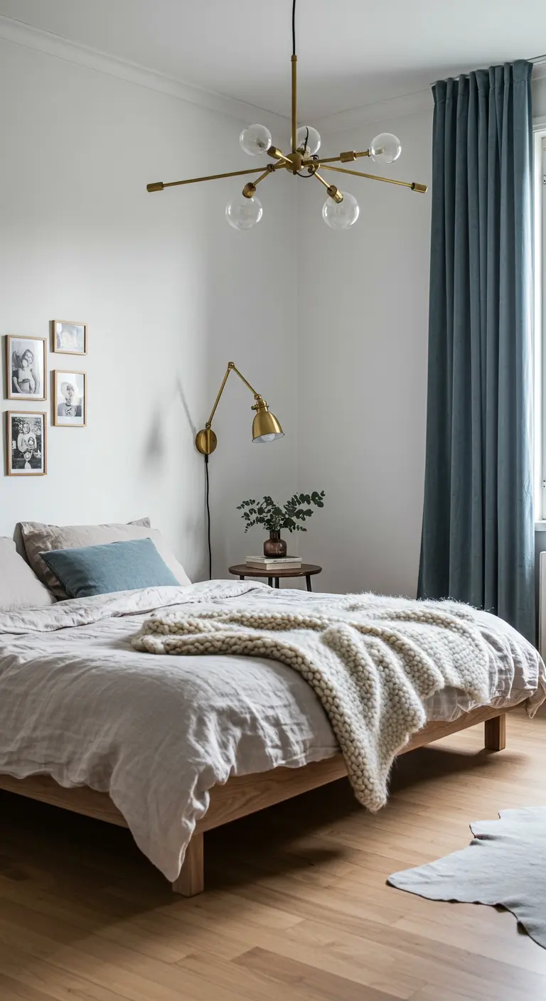 Scandinavische slaapkamer met blauwgrijze fluwelen gordijnen en gouden designlampen.