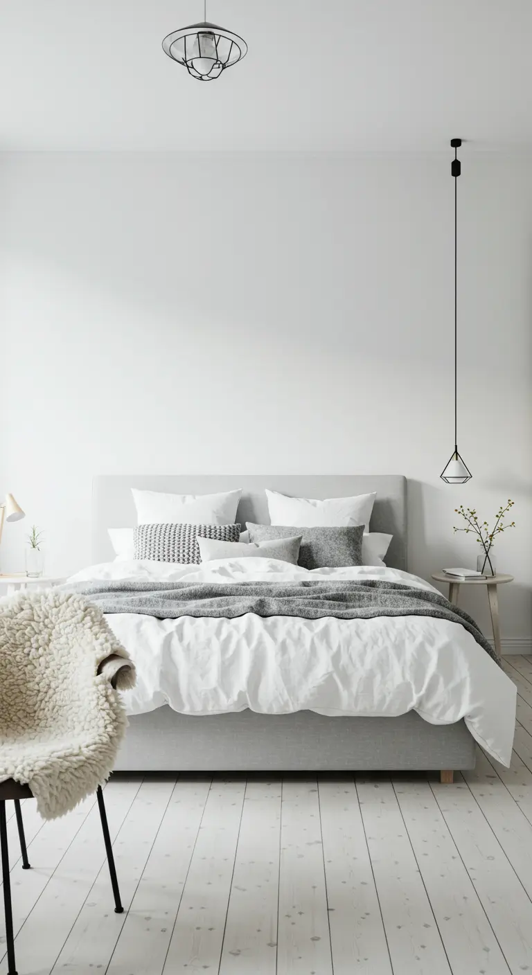 Minimalistische Scandinavische slaapkamer met witte muren, grijze accenten en een schapenvachtje.