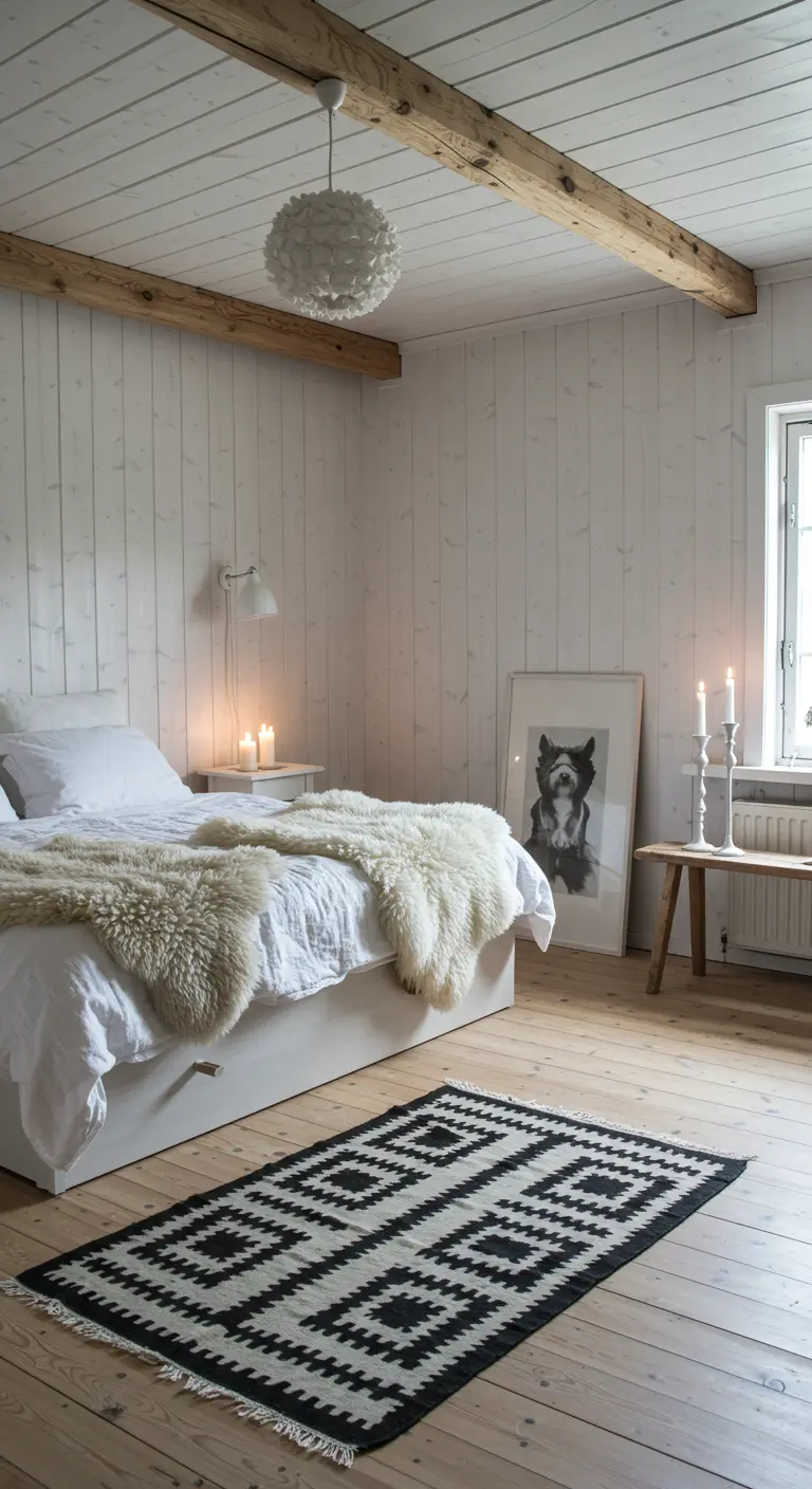 Scandinavische slaapkamer met witte muren, houten balken, schapenvacht en een zwart-wit tapijt.