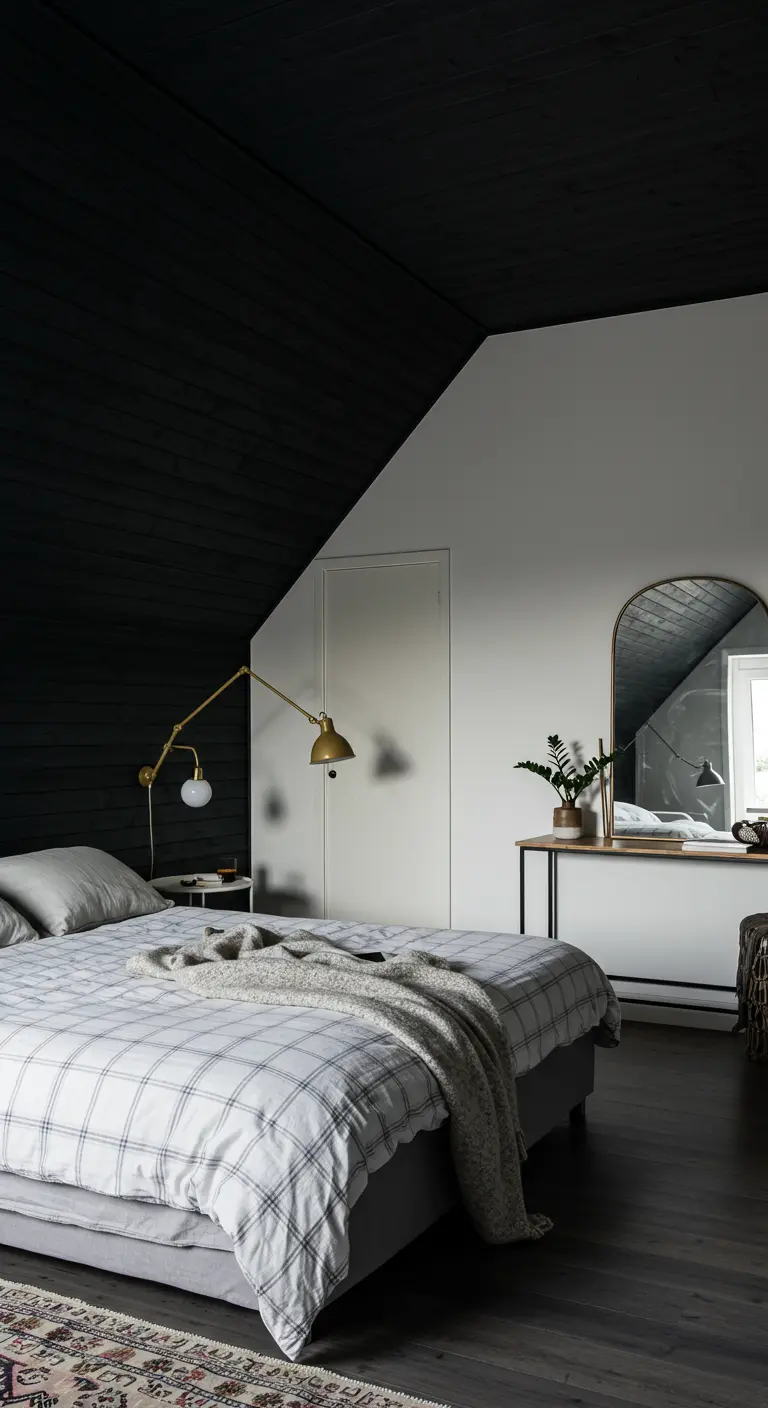 Slaapkamer met een schuin zwart houten plafond, witte muren en een gouden zwenkarm-wandlamp.