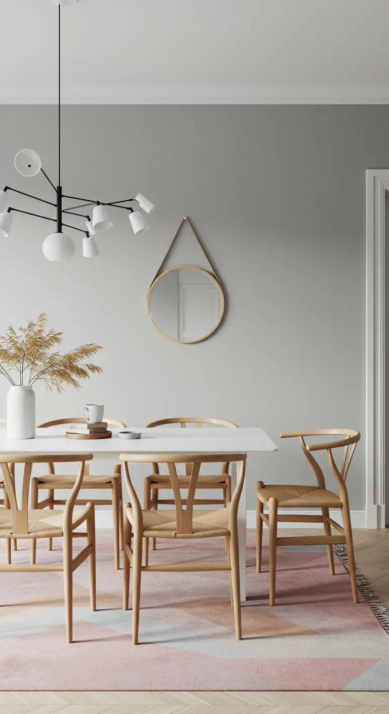 Scandinavische eethoek met witte tafel, houten stoelen, grafische lamp en een hangende ronde spiegel.