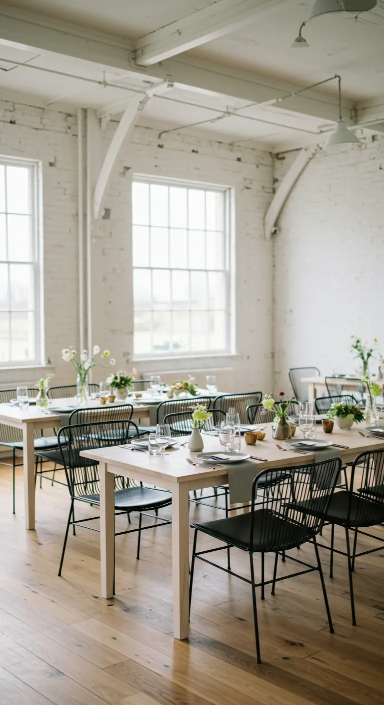 Lichte, minimalistische dineropstelling met zwarte metalen stoelen en licht houten tafels tegen een witte bakstenen muur.