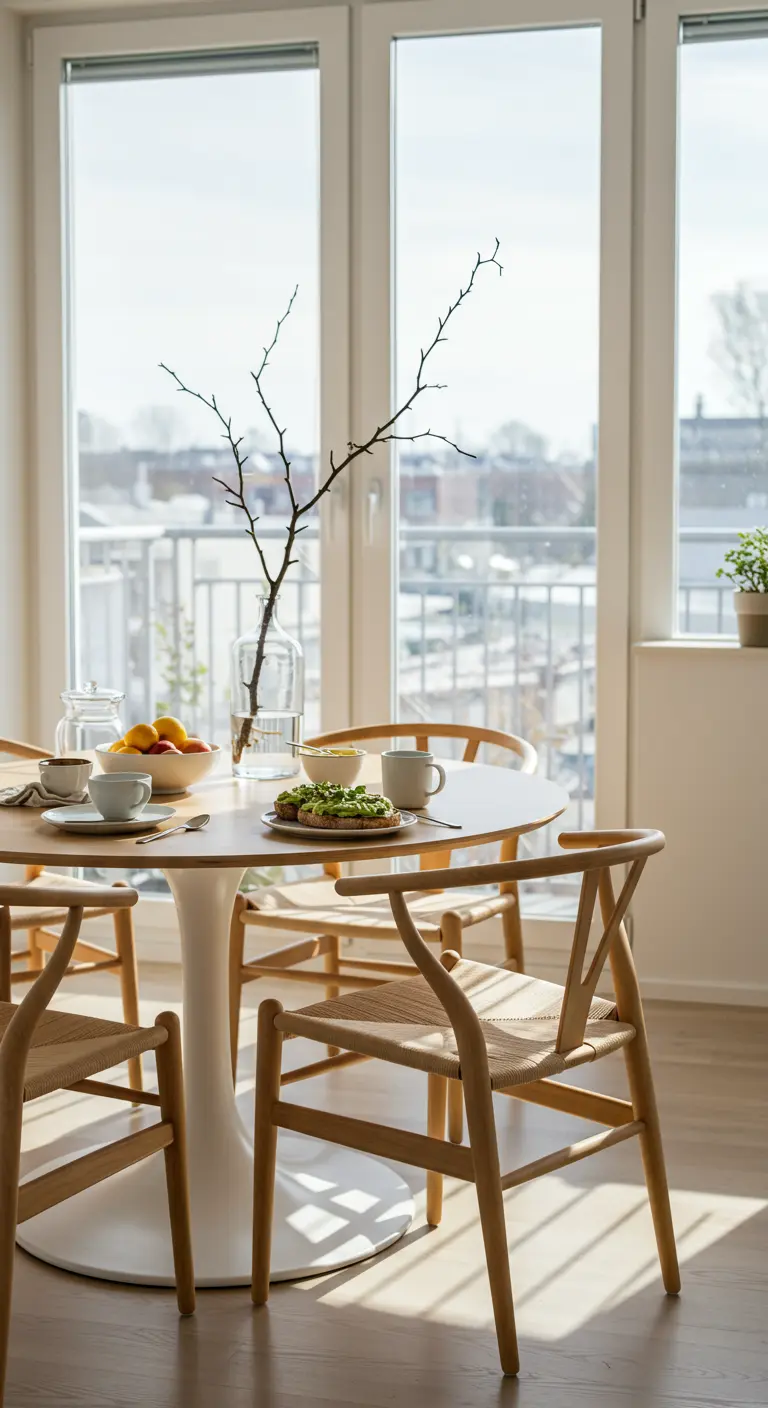 Lichte eethoek met ronde witte tafel, houten stoelen en een tak in een vaas.