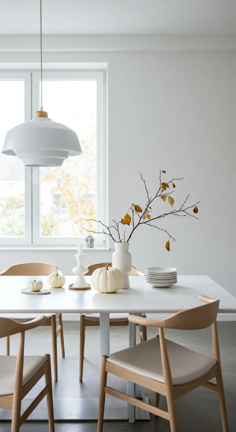 Minimalistische eetkamer met witte tafel, lichte houten stoelen en witte pompoenen.