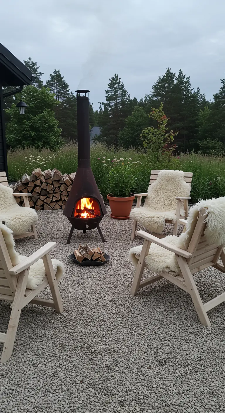 Vier houten stoelen met schapenvachten rond een hoge, zwarte buitenkachel op een grindterras.