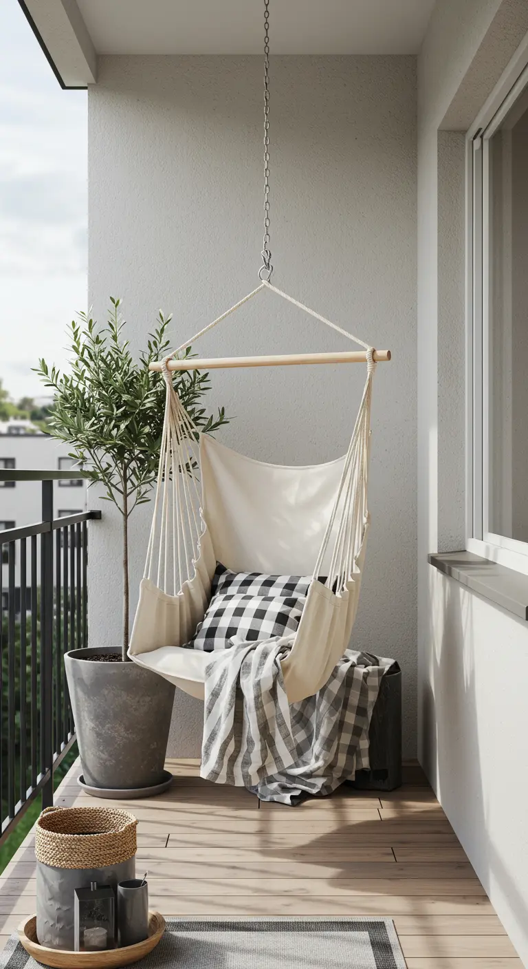 Canvas hangmatstoel met houten spreidstok op een minimalistisch balkon met een olijfboompje.
