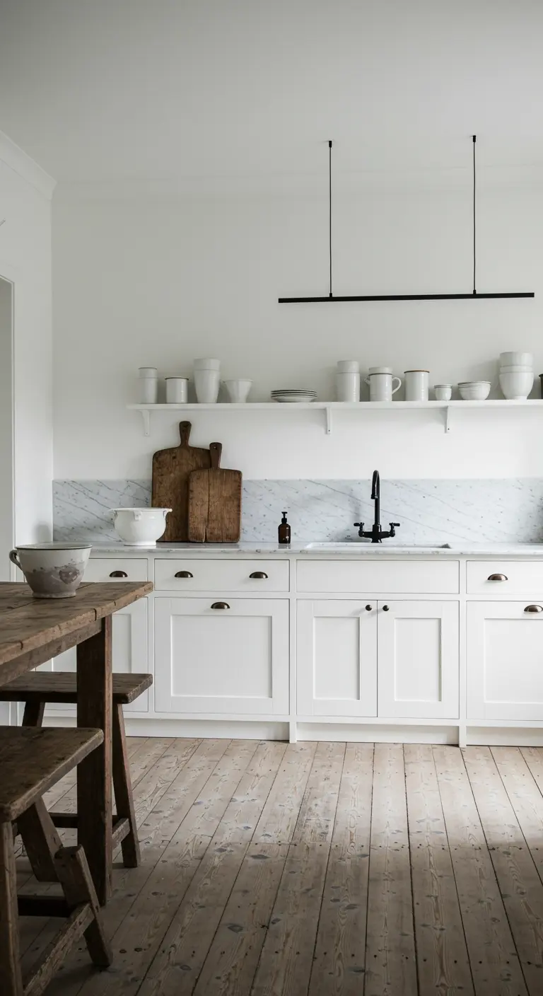 Minimalistische witte keuken met een zwarte designlamp en een oude houten vloer.