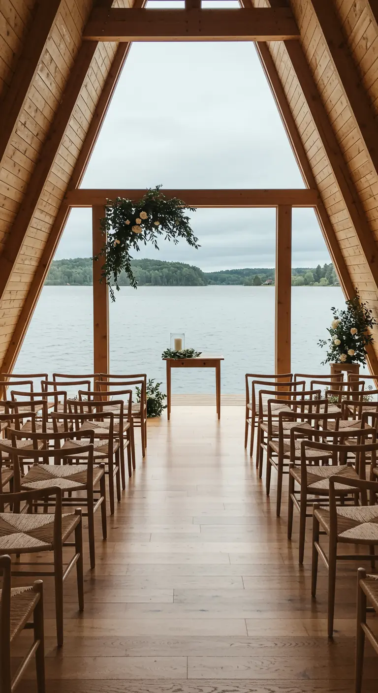 Ceremonie in een A-frame gebouw aan het water met houten stoelen met geweven zitting.