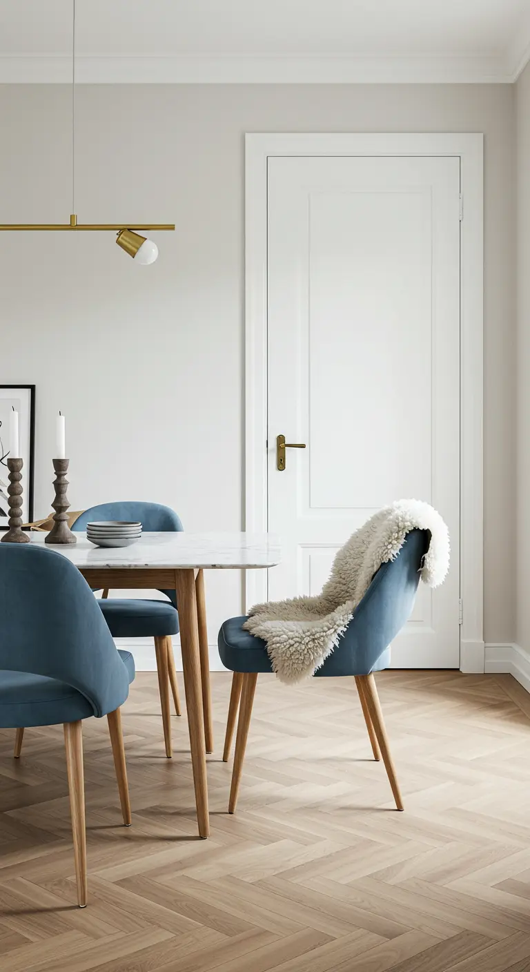 Scandinavische eethoek met lichtblauwe stoelen, houten poten, een marmeren tafel en een gouden hanglamp.