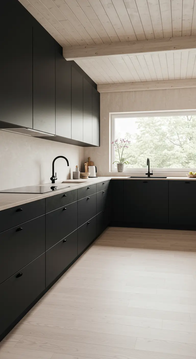 Scandinavische zwarte keuken met lichte houten vloer, wit plafond en groot raam met uitzicht.