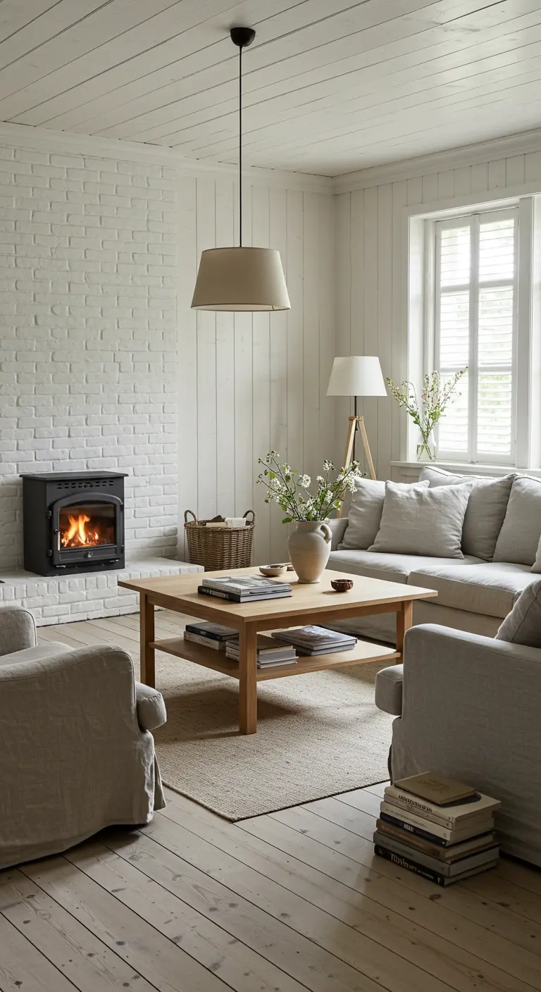 Witte woonkamer met bakstenen muur, slipcover banken, houten salontafel en houtkachel.