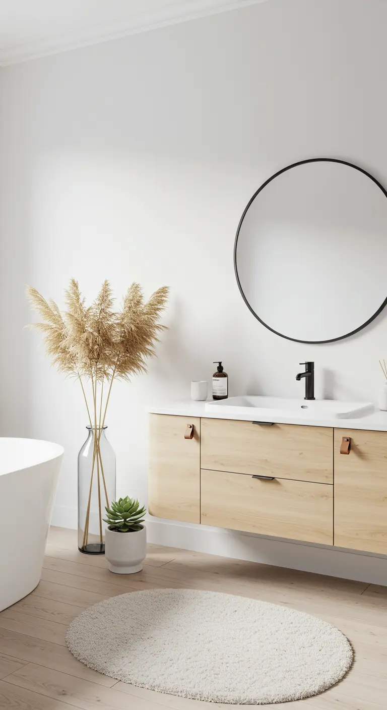 Scandinavische badkamer met een licht houten meubel, ronde spiegel en pampasgras in een vaas.