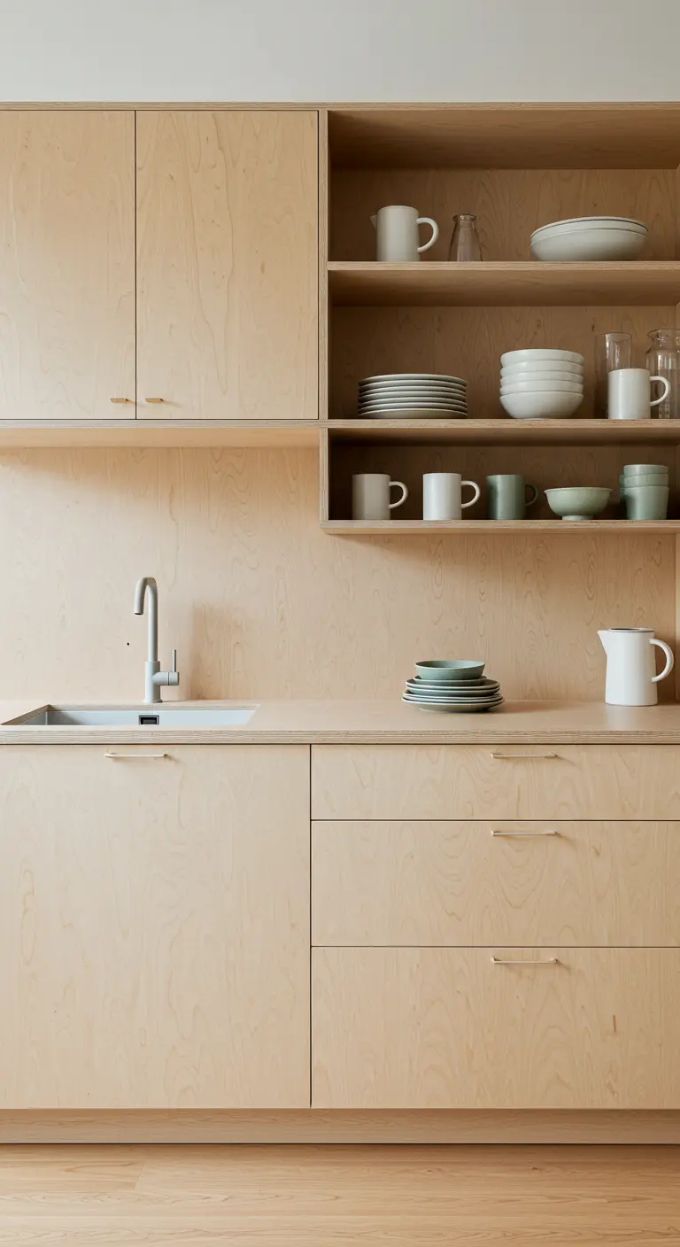 Minimalistische multiplex keuken met een open vak voor zachtgekleurd, eenvoudig servies.