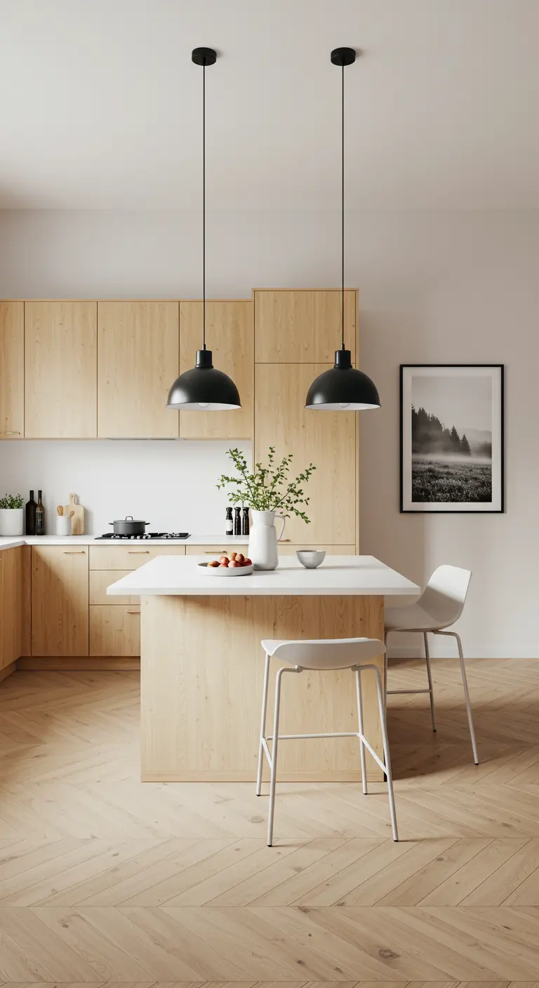 Scandinavische keuken met lichte houten kasten, wit eiland, zwarte hanglampen en landschapskunst.