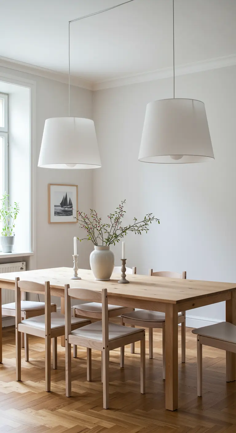 Scandinavische eetkamer met twee grote witte hanglampen boven een lichte houten tafel.