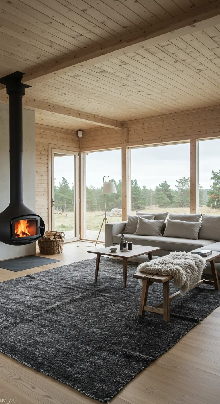 Scandinavische woonkamer met donkergrijs vintage tapijt, houten muren en hangende open haard.