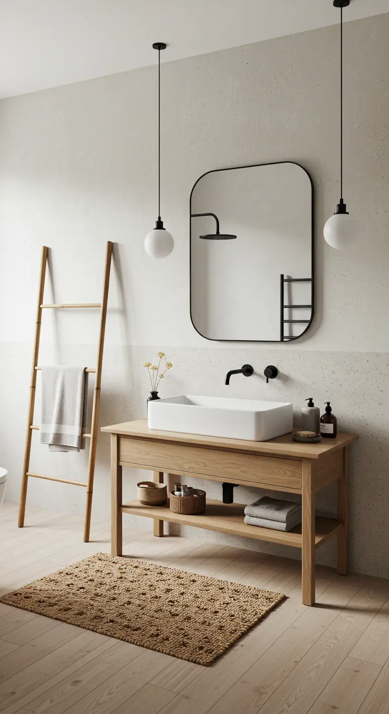 Lichte badkamer met betonciré muren, een houten vloer en een handdoekladder.