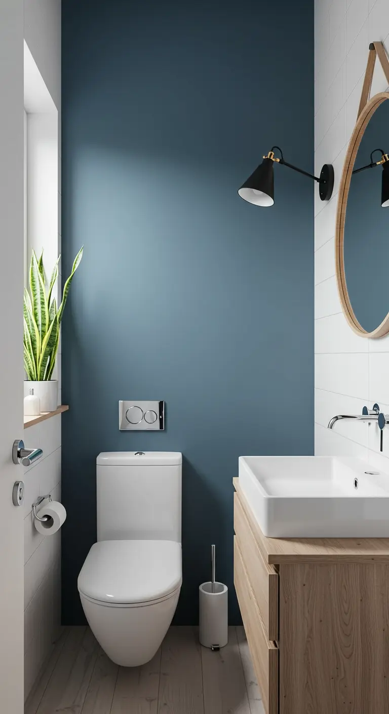 Compacte badkamer met een blauwe accentmuur, houten meubel en een hoge groene plant.