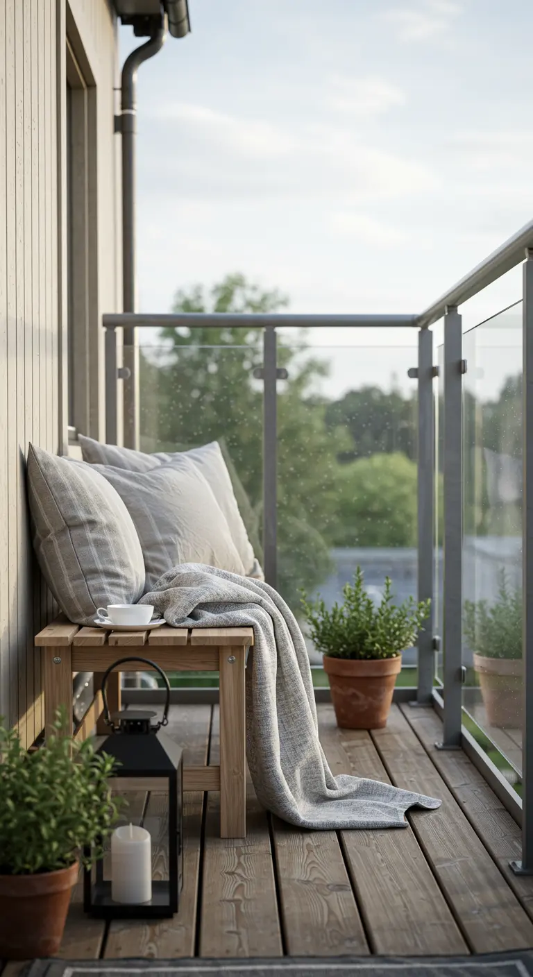 Klein houten bankje op balkon met grijze kussens, plaid en een lantaarn.