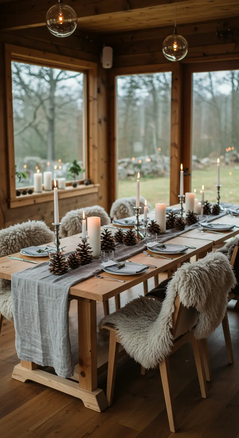 Houten tafel met een grijze loper, dennenappels en schapenvachtjes over de stoelen.