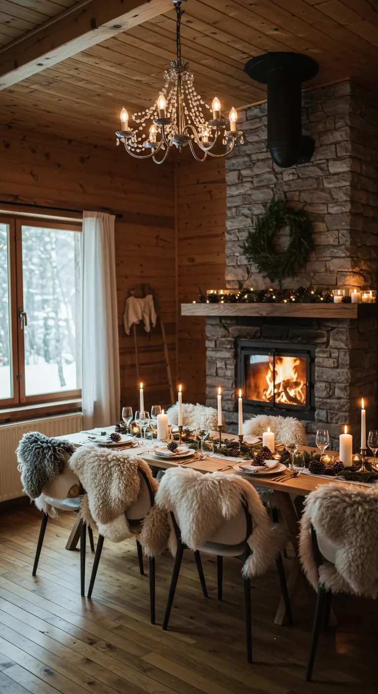 Gezellige winterse eettafel in een houten chalet met open haard.