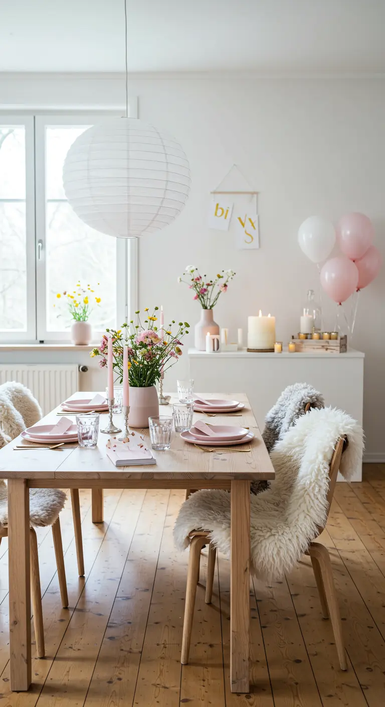 Scandinavische eettafel met houten stoelen, schapenvachtjes en roze accenten.