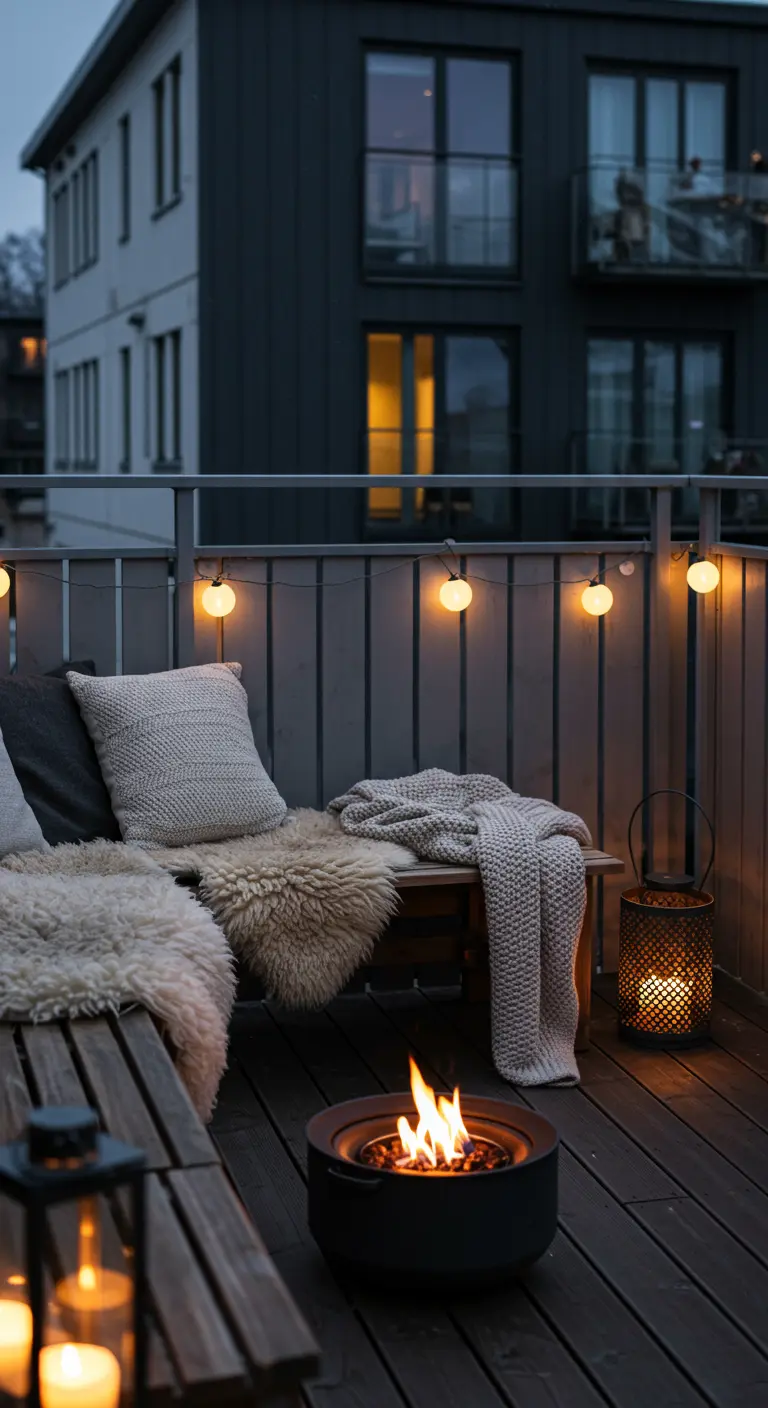 Knus balkon met zachte dekens, kaarsen en een kleine vuurkorf.