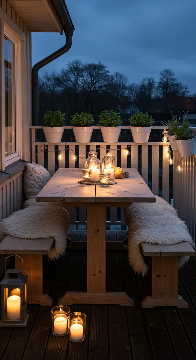 Houten eettafel op een balkon in de schemering, met banken, schapenvachten en veel kaarsen.