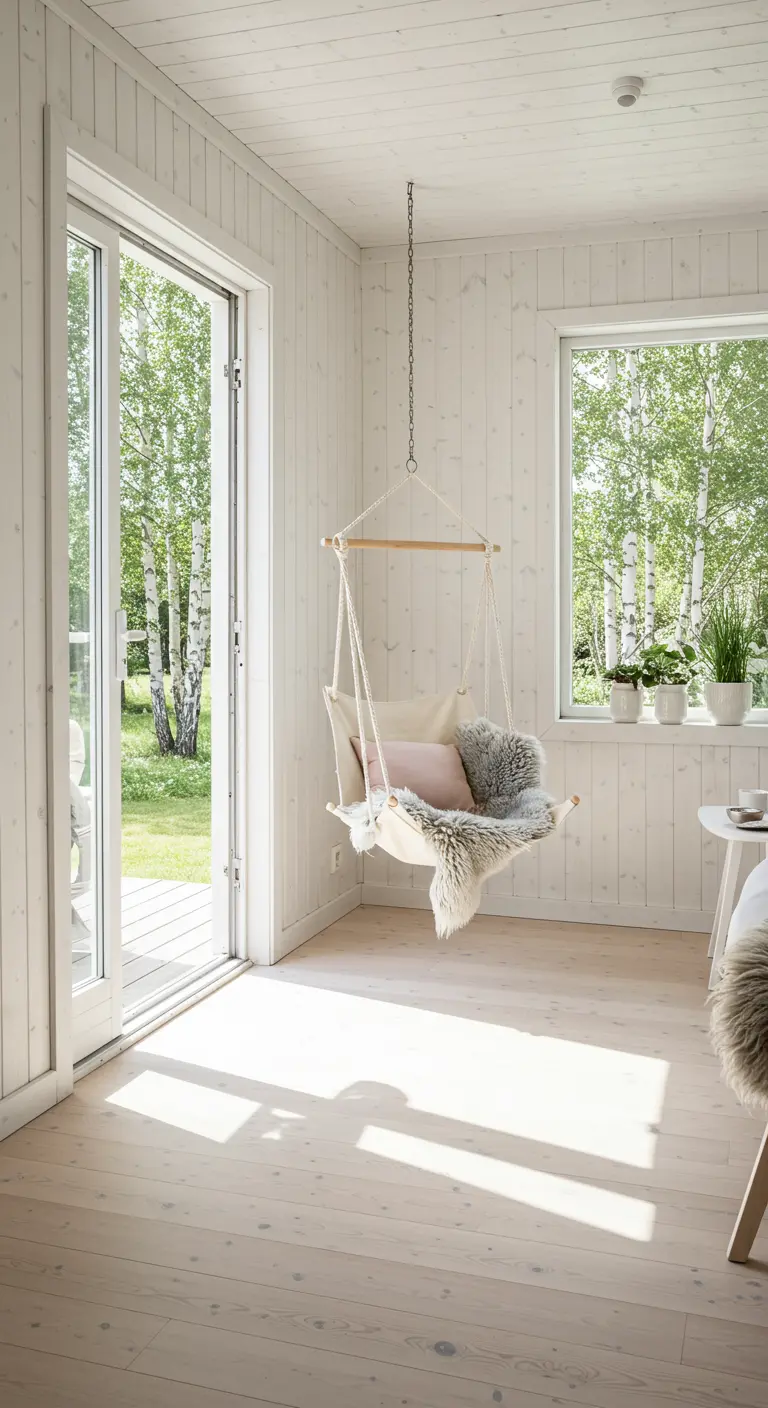 Lichte stoffen hangstoel met een schapenvachtje in een Scandinavische serre met witte houten muren.