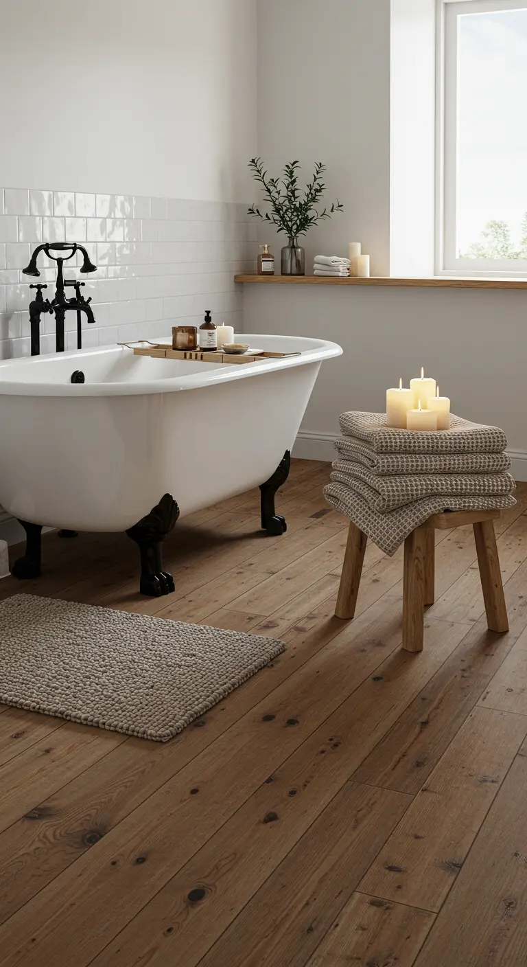 Badkamer met vrijstaand bad op pootjes, houten vloer en een krukje met kaarsen.