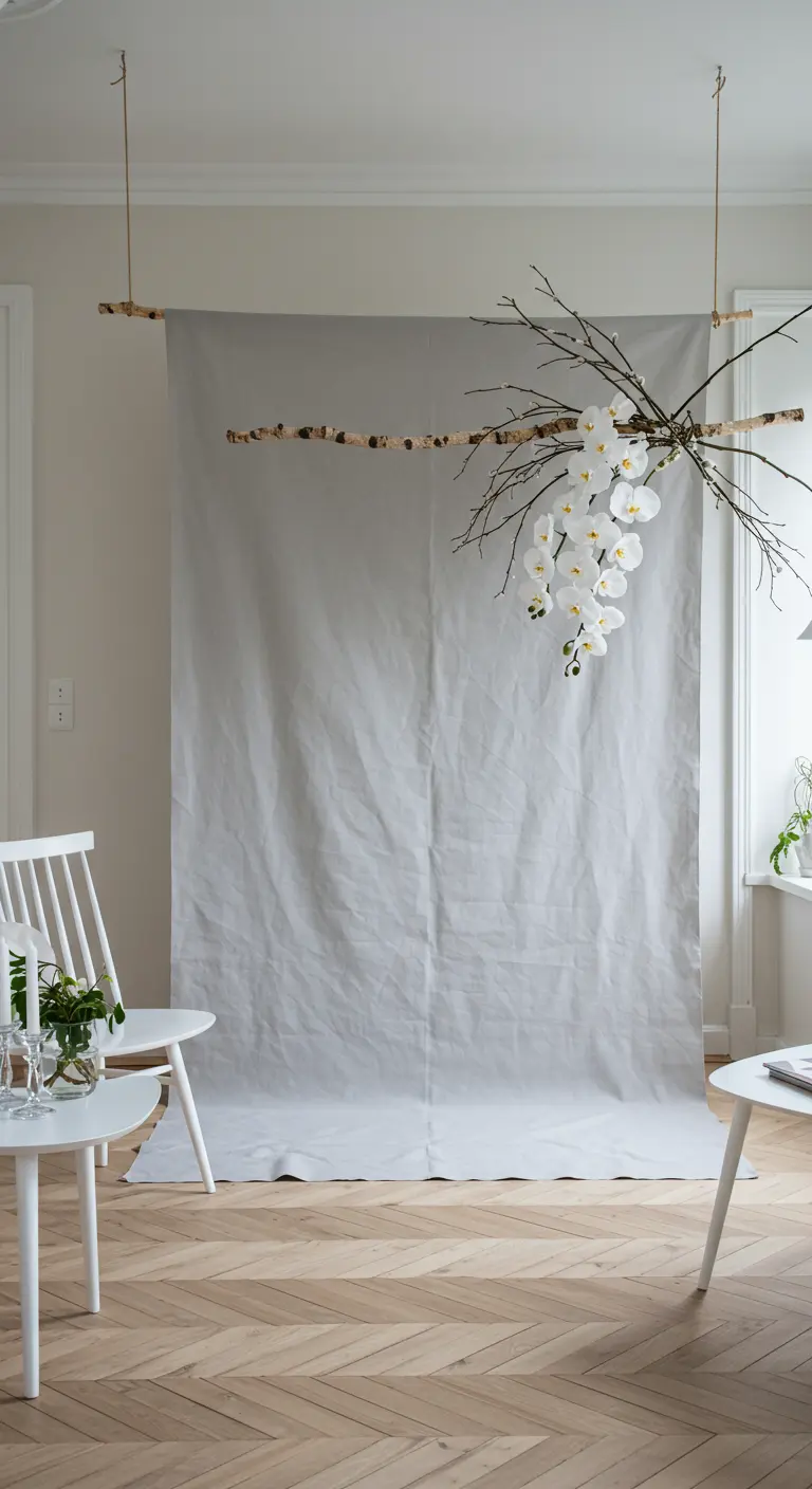 Grijze linnen backdrop met berkentakken en witte orchideeën.