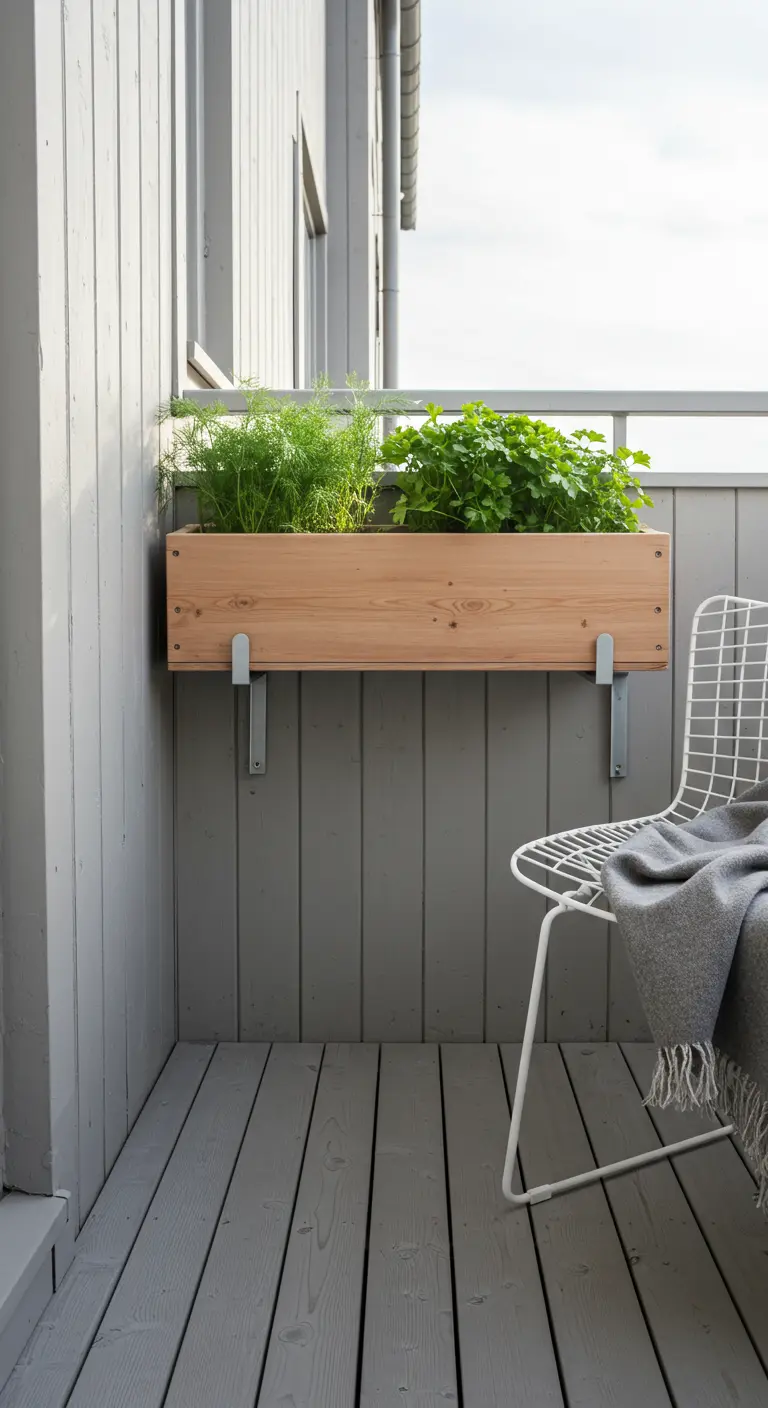 Minimalistische houten bloembak met kruiden aan een grijze balkonwand.