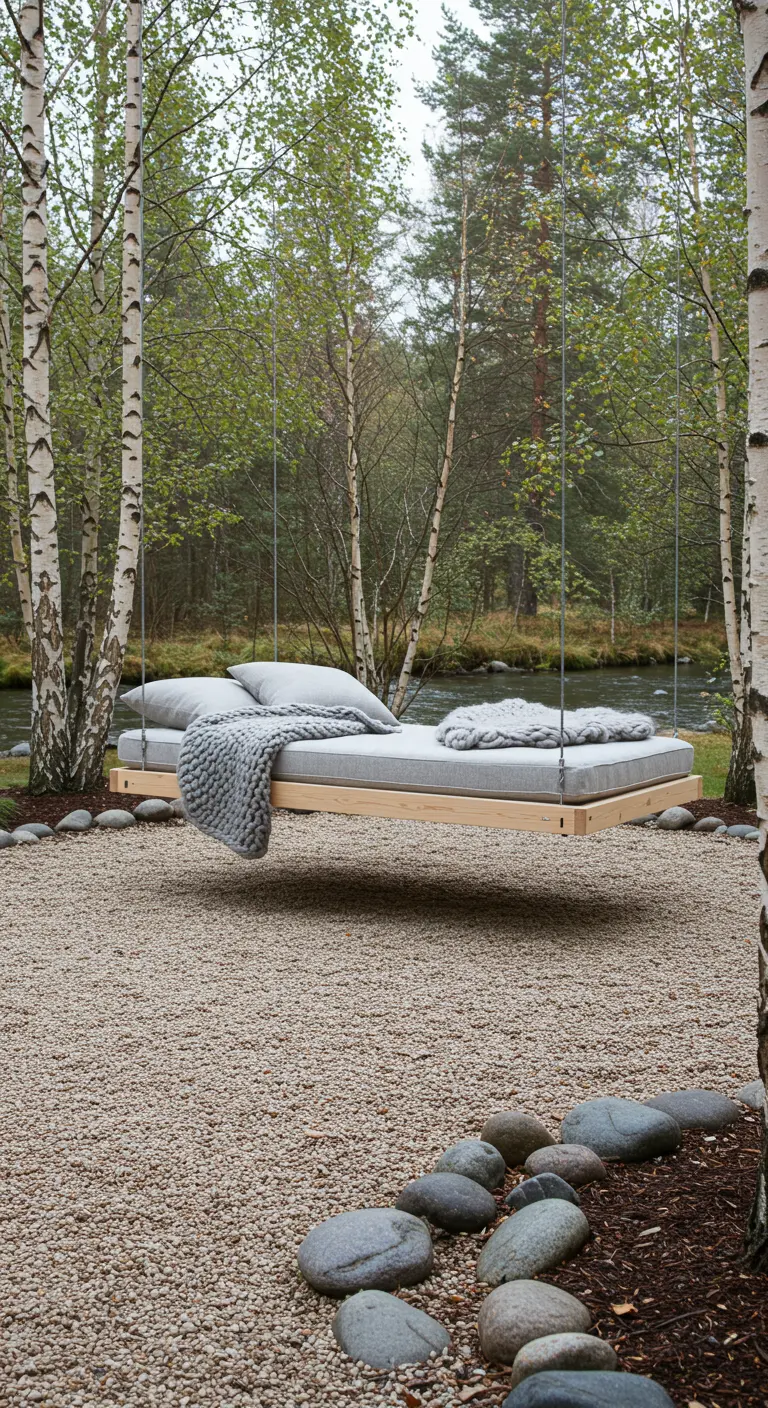 Minimalistisch houten daybed met grijs textiel, zwevend boven een grindpad bij een rivier.