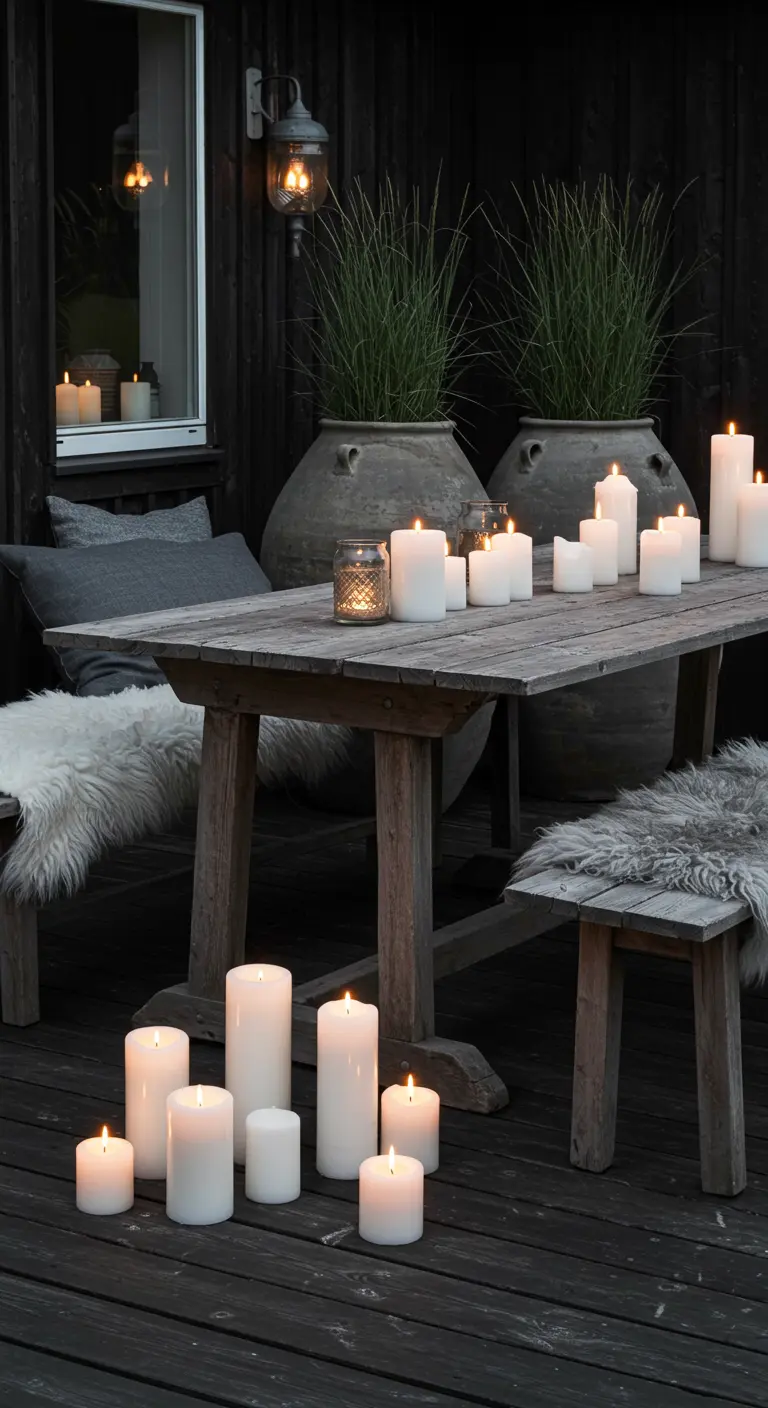 Donker terras met een houten tafel, witte kaarsen en schapenvachtjes.