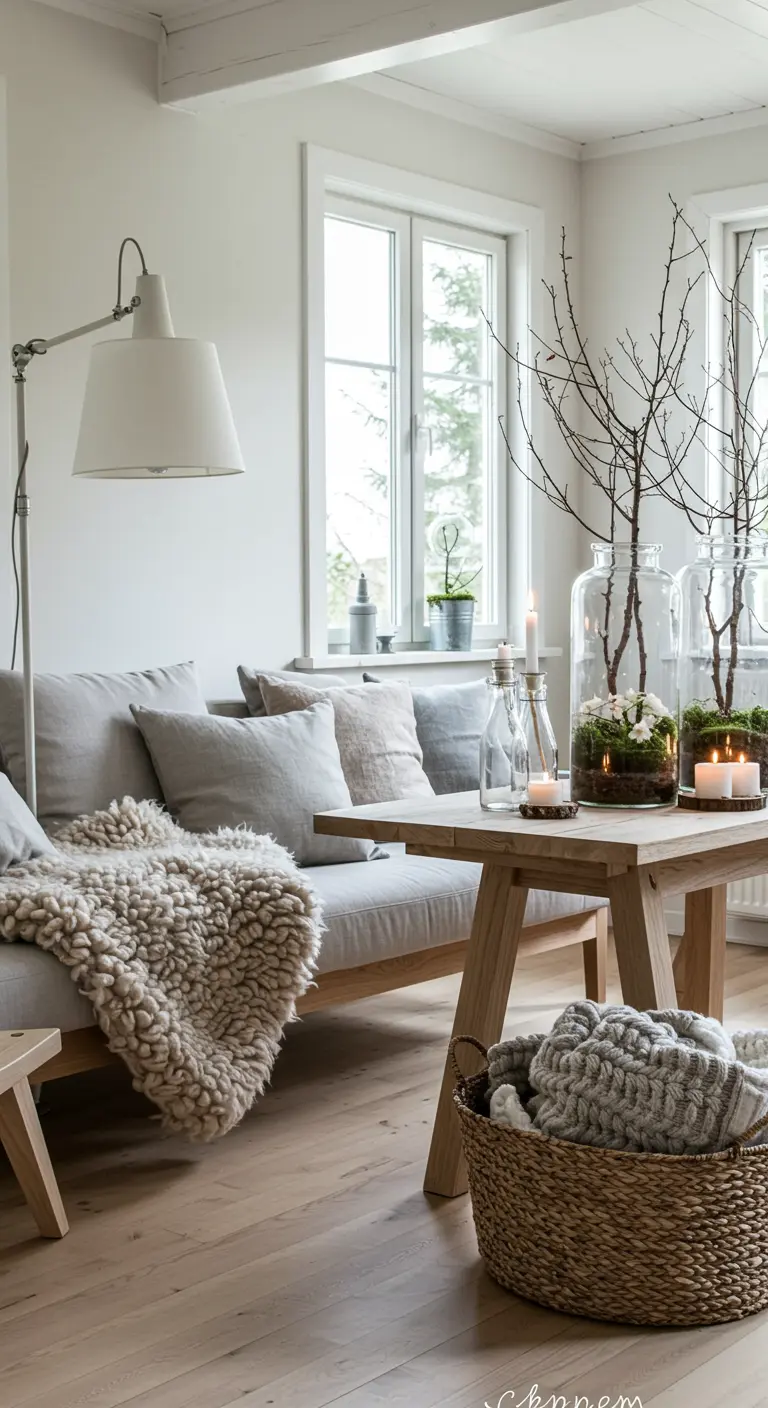 Lichte woonkamer in Scandinavische stijl met een grijze bank en houten meubels.