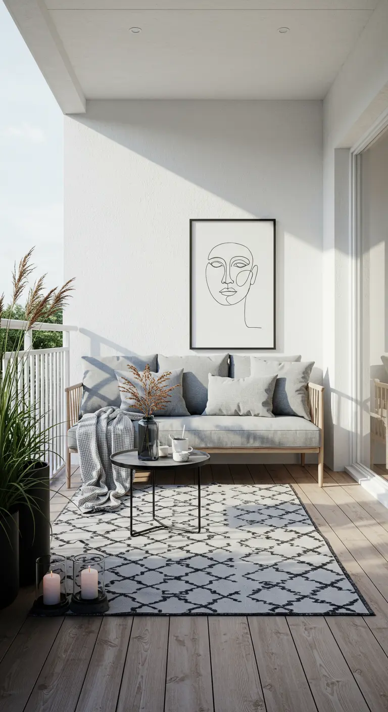 Strak, minimalistisch balkon met grijze bank, line-art poster en een grafisch vloerkleed.